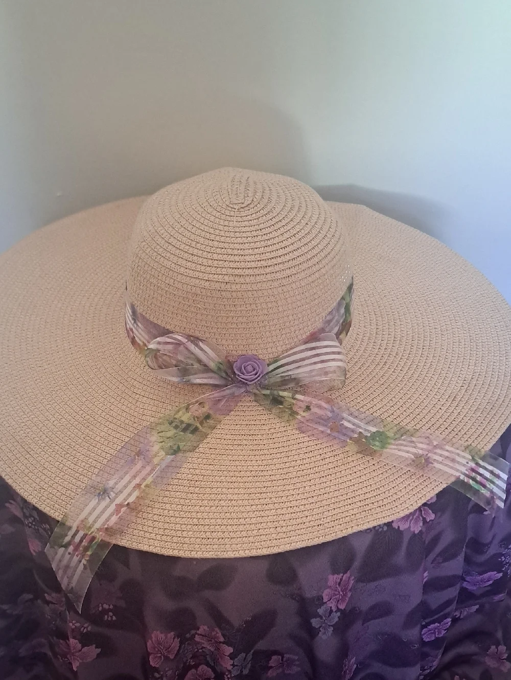 Diva Beige Wide Brim Sun Hat with Purple Floral Bow